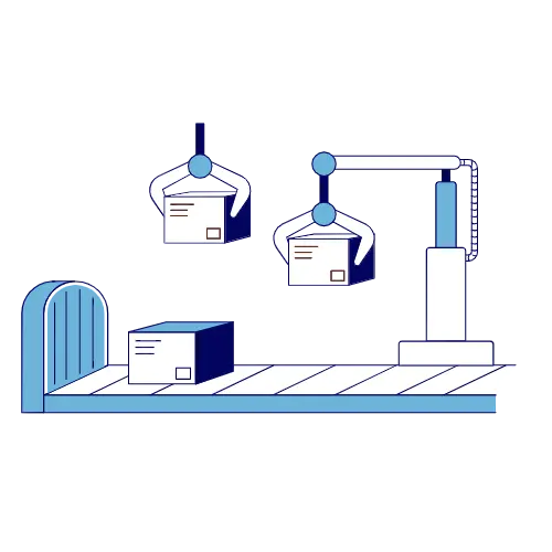 Robotic assembly line with conveyor belt and robotic arms holding boxes